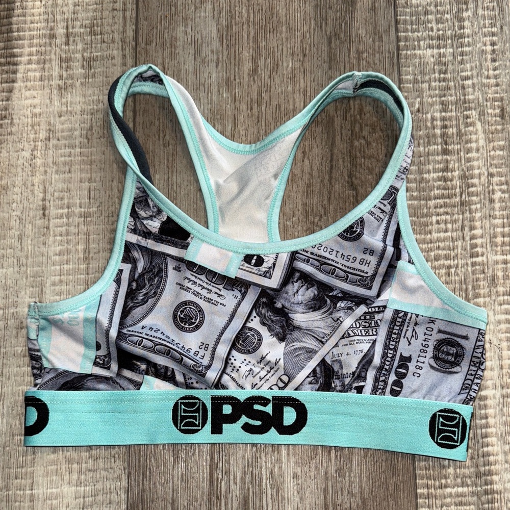 PSD Aqua and Black Money Print Sports Bra-size Small